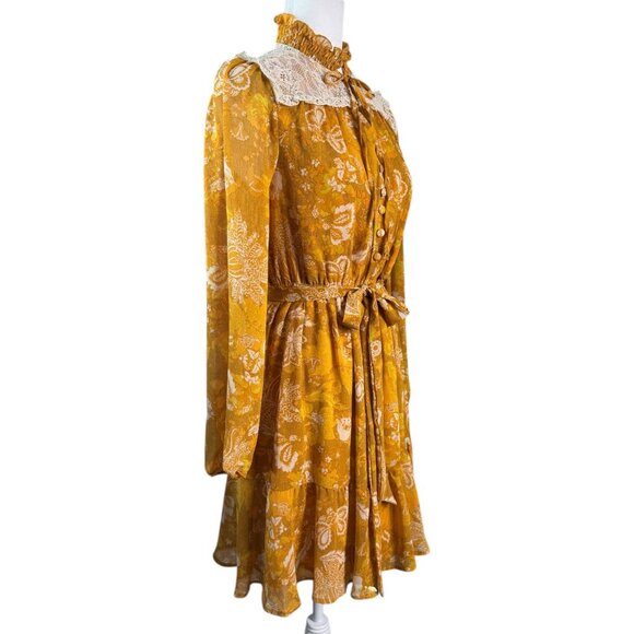 Tahari ASL Lace-Trim BOHO Tiered Split-Neck Dress in Mustard/Ivory Womens Size 4 - Picture 5 of 11